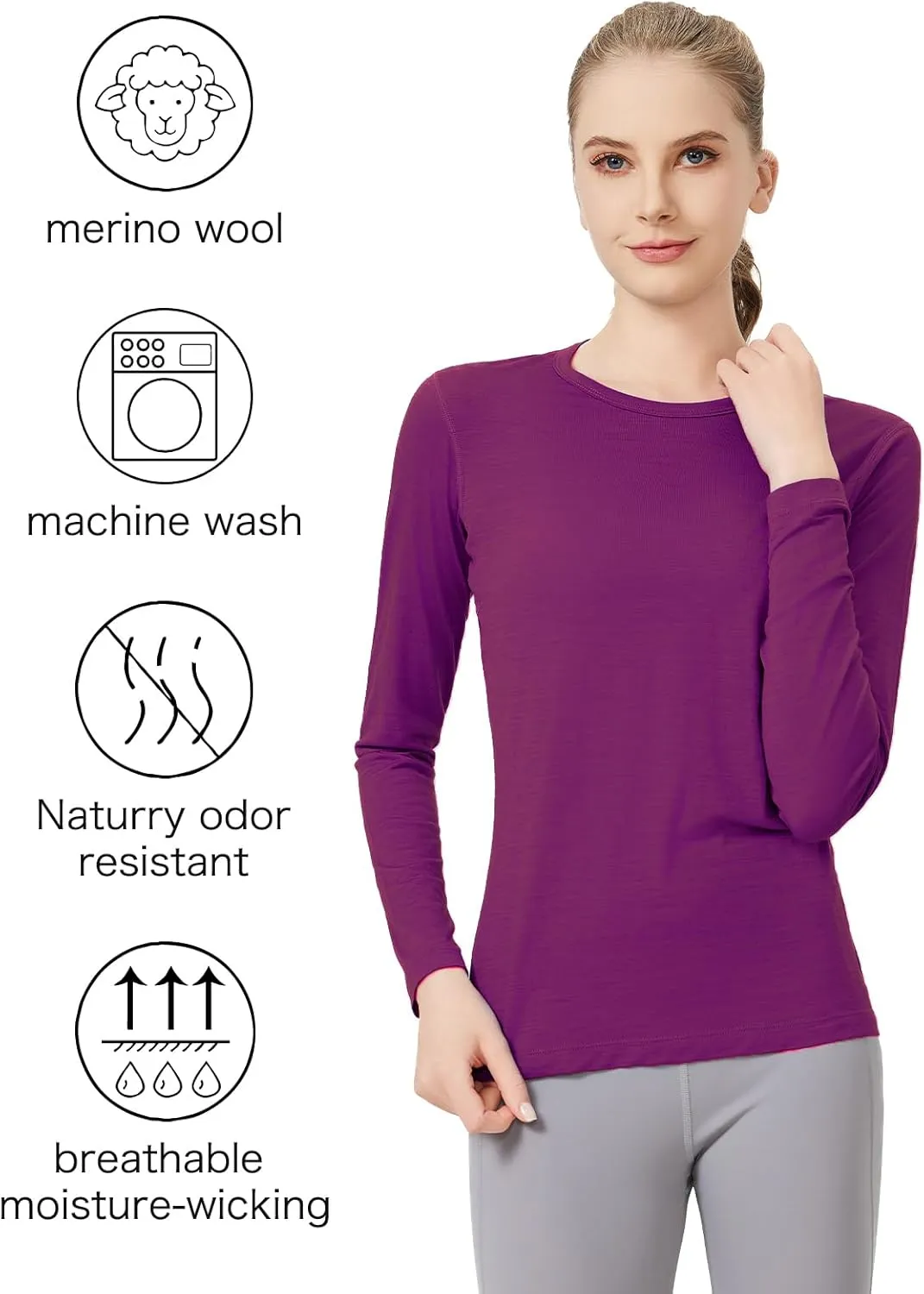 100% Merino Wool Women's Long Sleeve T-ShirtThermal Underwear Top for HikingEveryday Wear for Base Layer Women