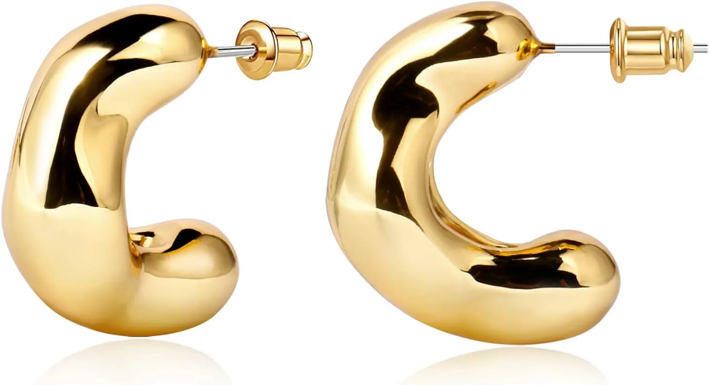 14K Gold Plated Chunky Open Hoop Earrings for Women 925 Sterling Silver Post Hypoallergenic Thick Hoop Earrings for Women