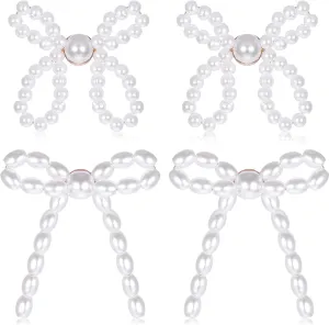 2 Pairs Pearl Bow Earrings, Simple Small Bow Earrings for Women Cute Pearl Earrings for Women Jewelry Gifts