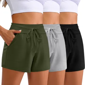 3 Pack Women's Cotton Drawstring Sweat Casual Summer Workout Athletic Gym Lounge Shorts with Pockets