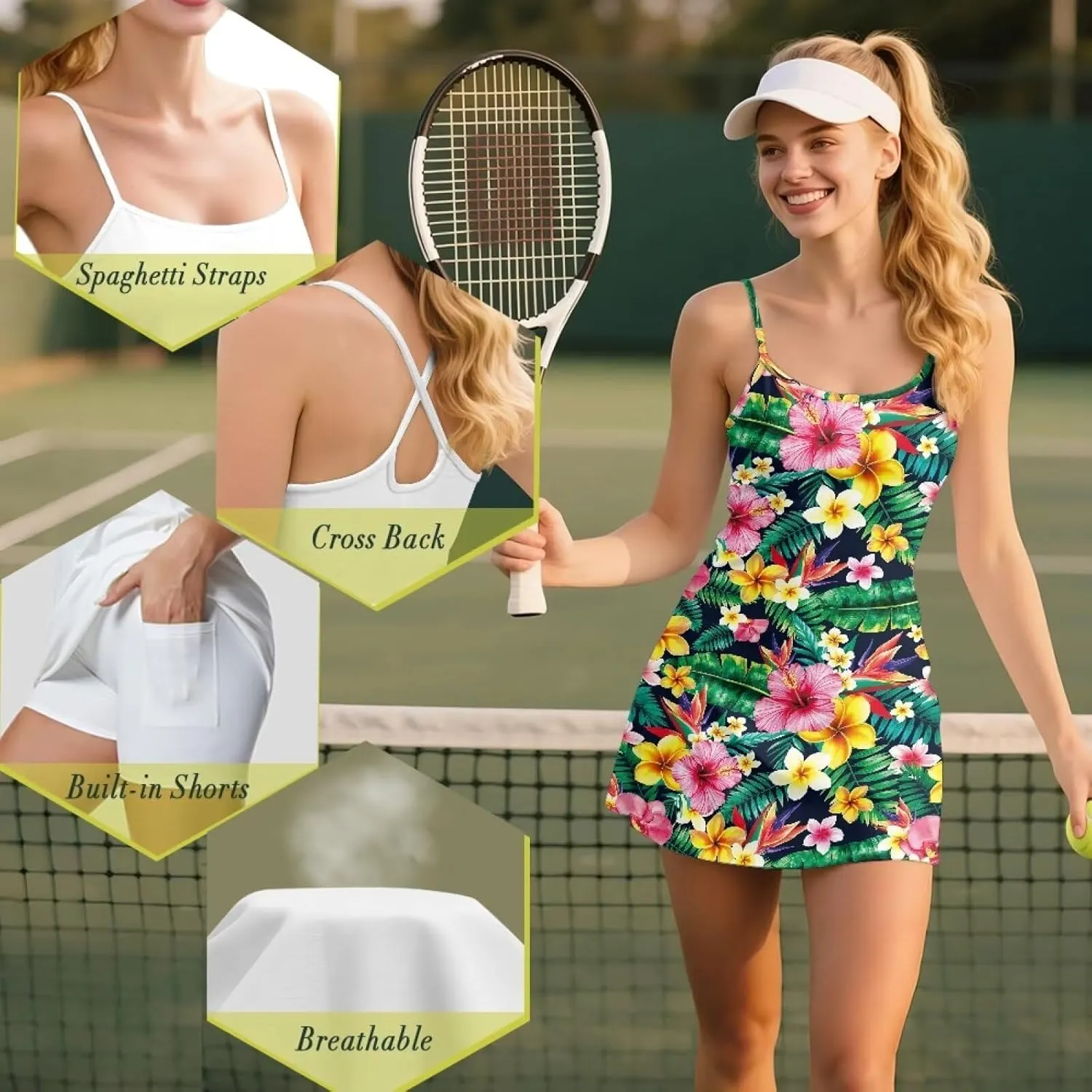 Active Dress with Shorts Underneath Tennis Dress Spaghetti Strap Casual Athletic Sports Outfits