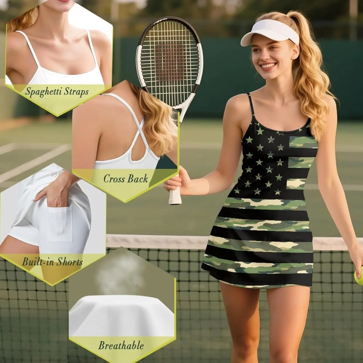 Active Dress with Shorts Underneath Tennis Dress Spaghetti Strap Casual Athletic Sports Outfits