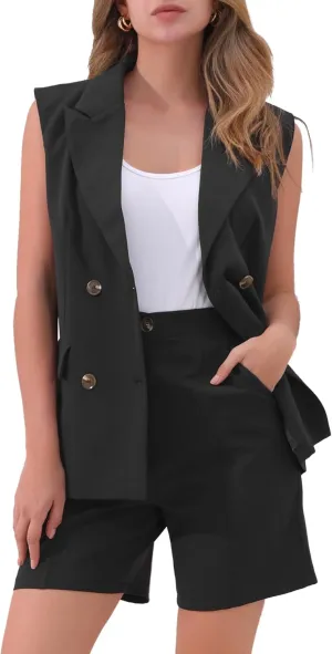 Allegra K Blazer Vest Shorts Suit Set for Women's Summer Sleeveless Blazer Shorts Business Casual 2 Piece Outfits
