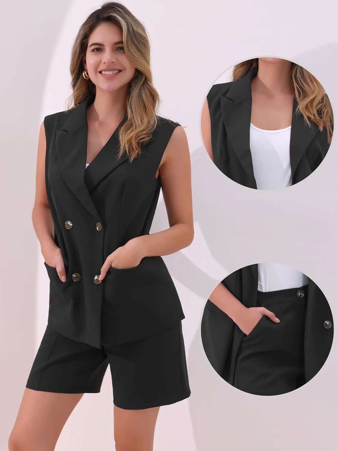 Allegra K Blazer Vest Shorts Suit Set for Women's Summer Sleeveless Blazer Shorts Business Casual 2 Piece Outfits