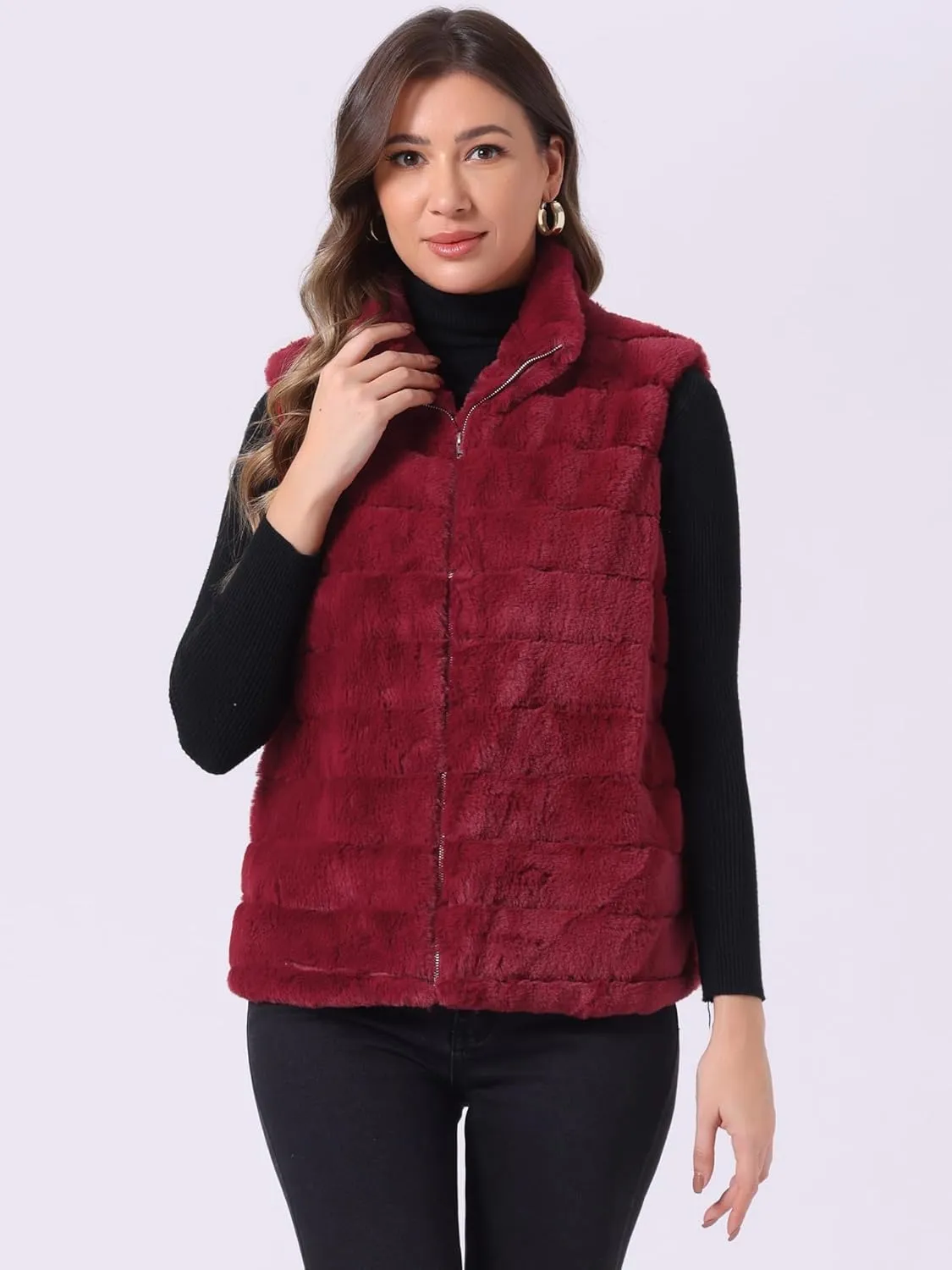 Allegra K Faux Fur Vest for Women's Zip-Up Sleeveless Fur Jacket