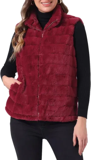 Allegra K Faux Fur Vest for Women's Zip-Up Sleeveless Fur Jacket