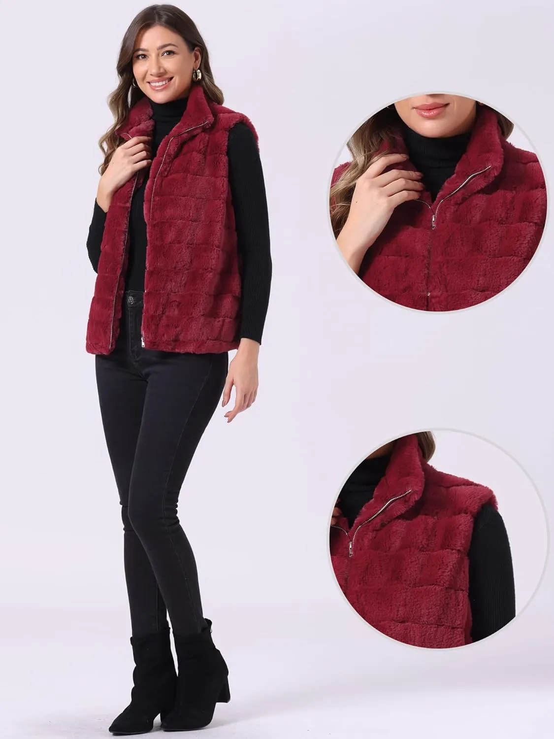 Allegra K Faux Fur Vest for Women's Zip-Up Sleeveless Fur Jacket