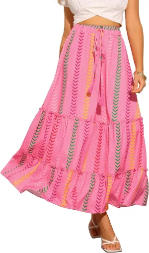 Allegra K Women's Beach Maxi Skirt Tassels Straps Flowy Pattern Tiered Pleated Skirts