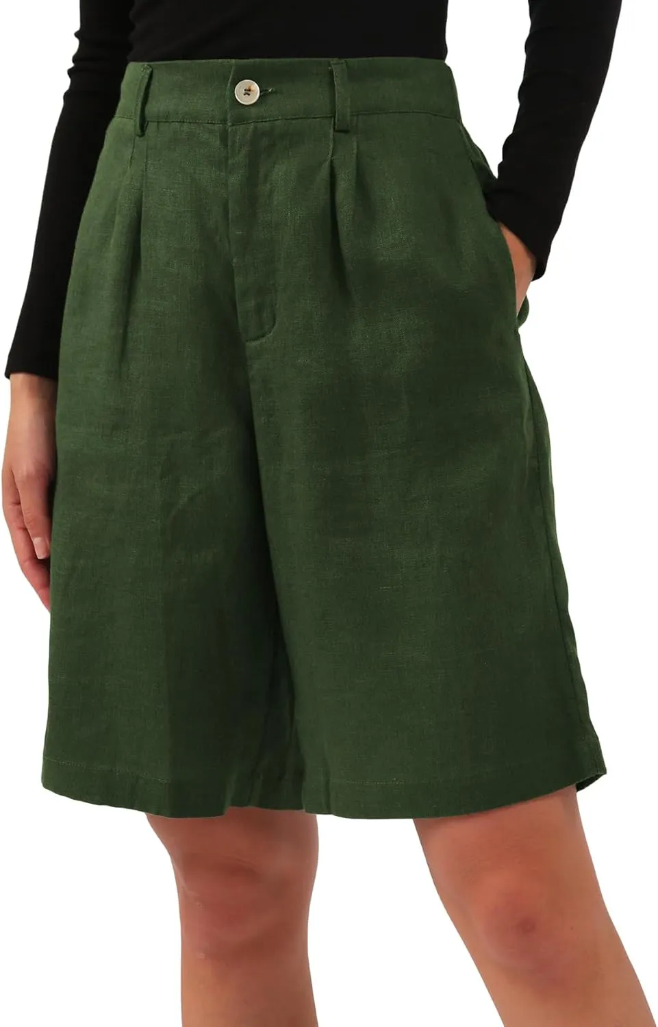 Amazhiyu Womens Pure Linen High Waisted Bermuda Lounge Shorts Casual Summer