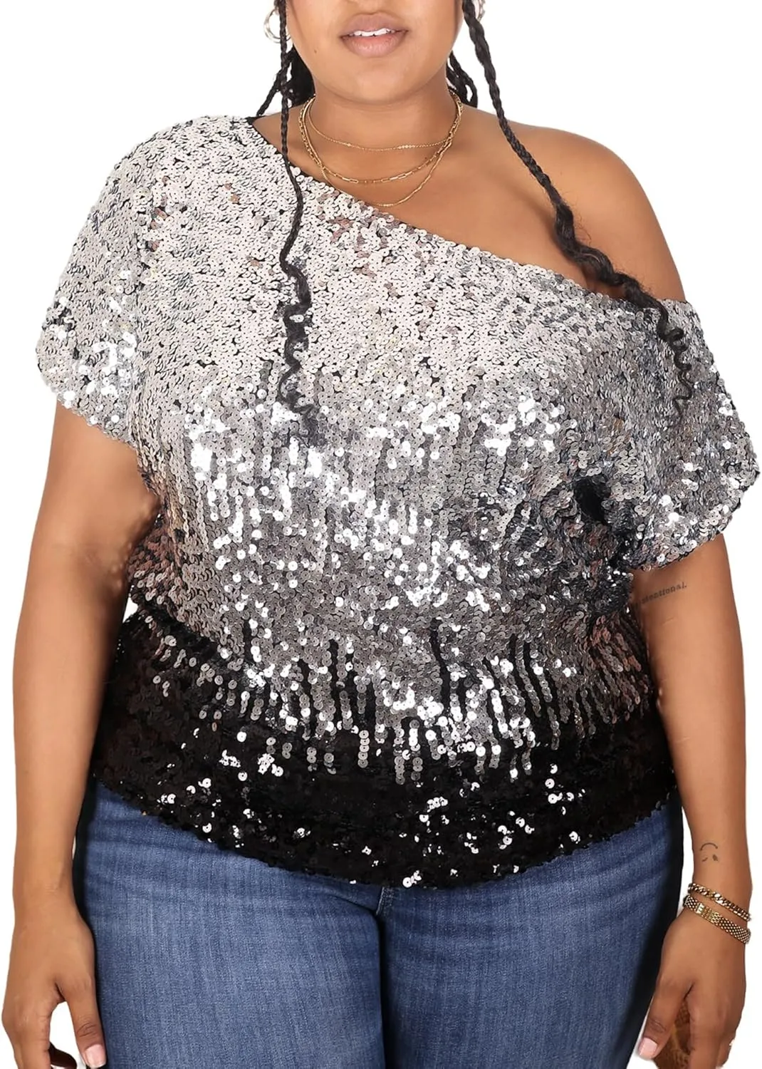 Anna-Kaci Women's Plus Size Sequin Sexy One Shoulder Short Sleeve Party Club Top