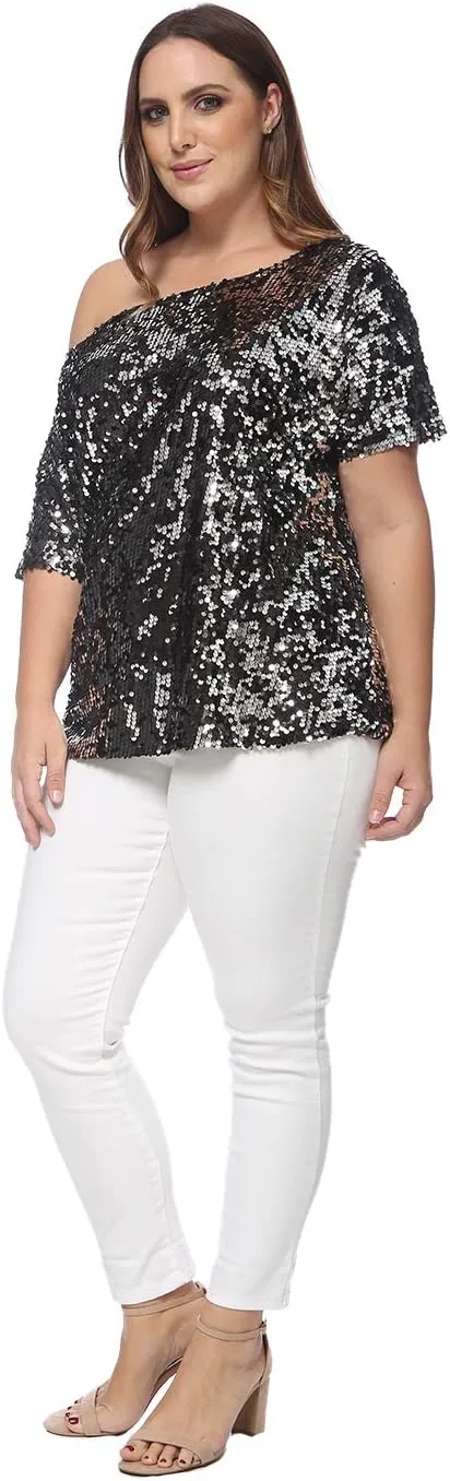 Anna-Kaci Women's Plus Size Sequin Sexy One Shoulder Short Sleeve Party Club Top