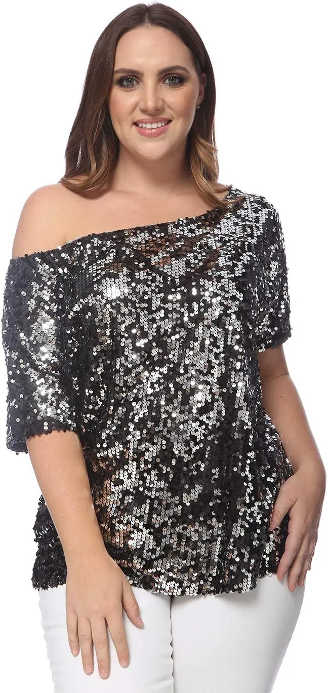 Anna-Kaci Women's Plus Size Sequin Sexy One Shoulder Short Sleeve Party Club Top