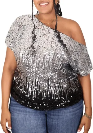 Anna-Kaci Women's Plus Size Sequin Sexy One Shoulder Short Sleeve Party Club Top