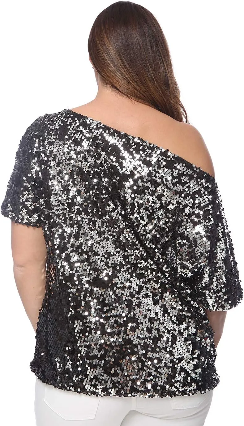 Anna-Kaci Women's Plus Size Sequin Sexy One Shoulder Short Sleeve Party Club Top
