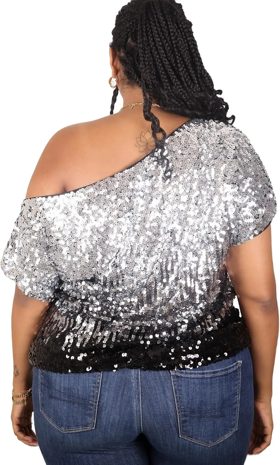 Anna-Kaci Women's Plus Size Sequin Sexy One Shoulder Short Sleeve Party Club Top