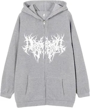 Aobiono Women Men Y2K Zip Up Hoodie Oversized Gothic Emo Grunge Graphic Baggy Alt Streetwear Unisex Vintage Fleece Jacket 90s