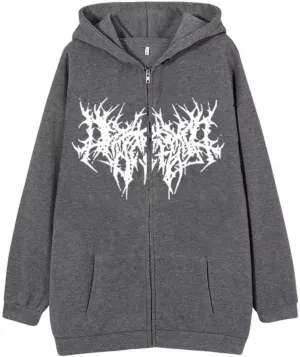 Aobiono Women Men Y2K Zip Up Hoodie Oversized Gothic Emo Grunge Graphic Baggy Alt Streetwear Unisex Vintage Fleece Jacket 90s