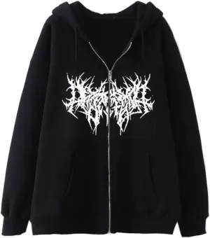 Aobiono Women Men Y2K Zip Up Hoodie Oversized Gothic Emo Grunge Graphic Baggy Alt Streetwear Unisex Vintage Fleece Jacket 90s