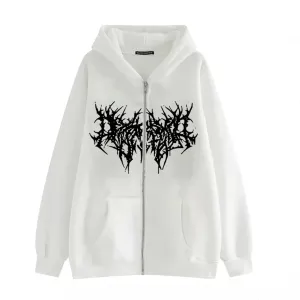 Aobiono Women Men Y2K Zip Up Hoodie Oversized Gothic Emo Grunge Graphic Baggy Alt Streetwear Unisex Vintage Fleece Jacket 90s