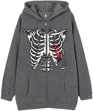 Aobiono Women Men Y2K Zip Up Oversized Hoodie Gothic Skeleton Ribs Graphic Emo Grunge Alt Big Baggy Fleece Jacket 90s Punk