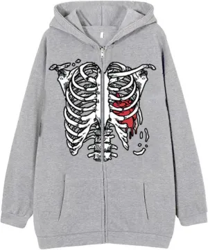 Aobiono Women Men Y2K Zip Up Oversized Hoodie Gothic Skeleton Ribs Graphic Emo Grunge Alt Big Baggy Fleece Jacket 90s Punk