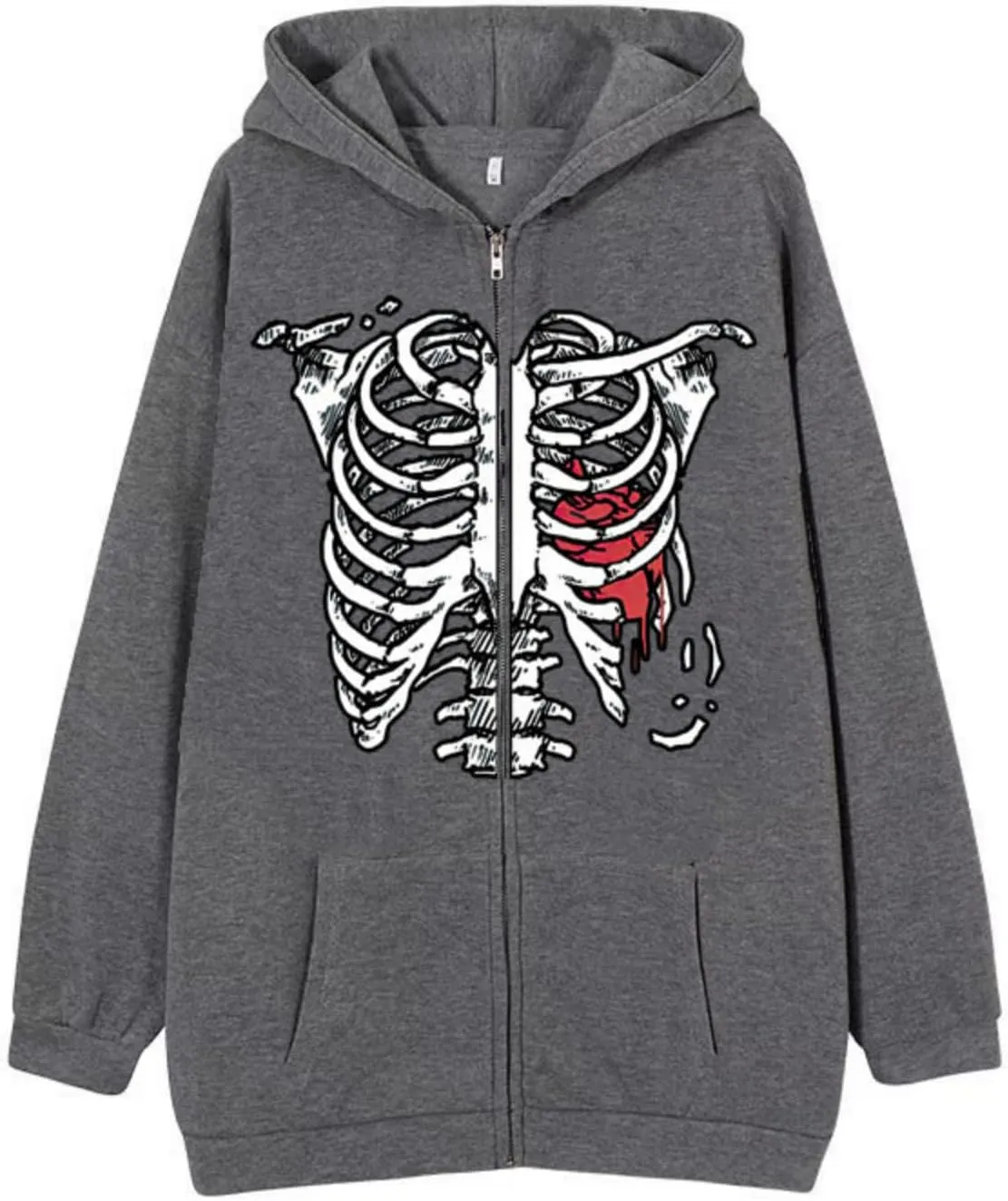 Aobiono Women Men Y2K Zip Up Oversized Hoodie Gothic Skeleton Ribs Graphic Emo Grunge Alt Big Baggy Fleece Jacket 90s Punk