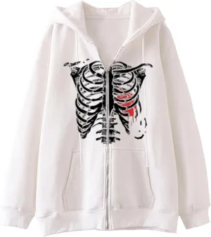 Aobiono Women Men Y2K Zip Up Oversized Hoodie Gothic Skeleton Ribs Graphic Emo Grunge Alt Big Baggy Fleece Jacket 90s Punk