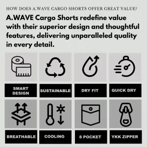 A.WAVE Men's Multi-Pockets Drawstring Elastic Waist Cargo Shorts Relaxed fit 11 inch Inseam Below Knee Quick Dry