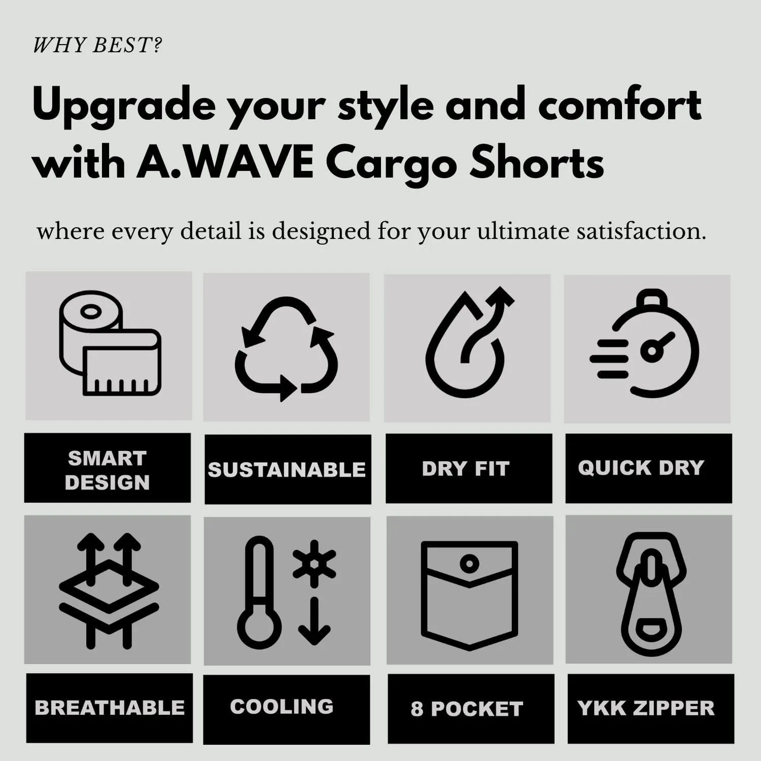 A.WAVE Men's Multi-Pockets Drawstring Elastic Waist Cargo Shorts Relaxed fit 11 inch Inseam Below Knee Quick Dry