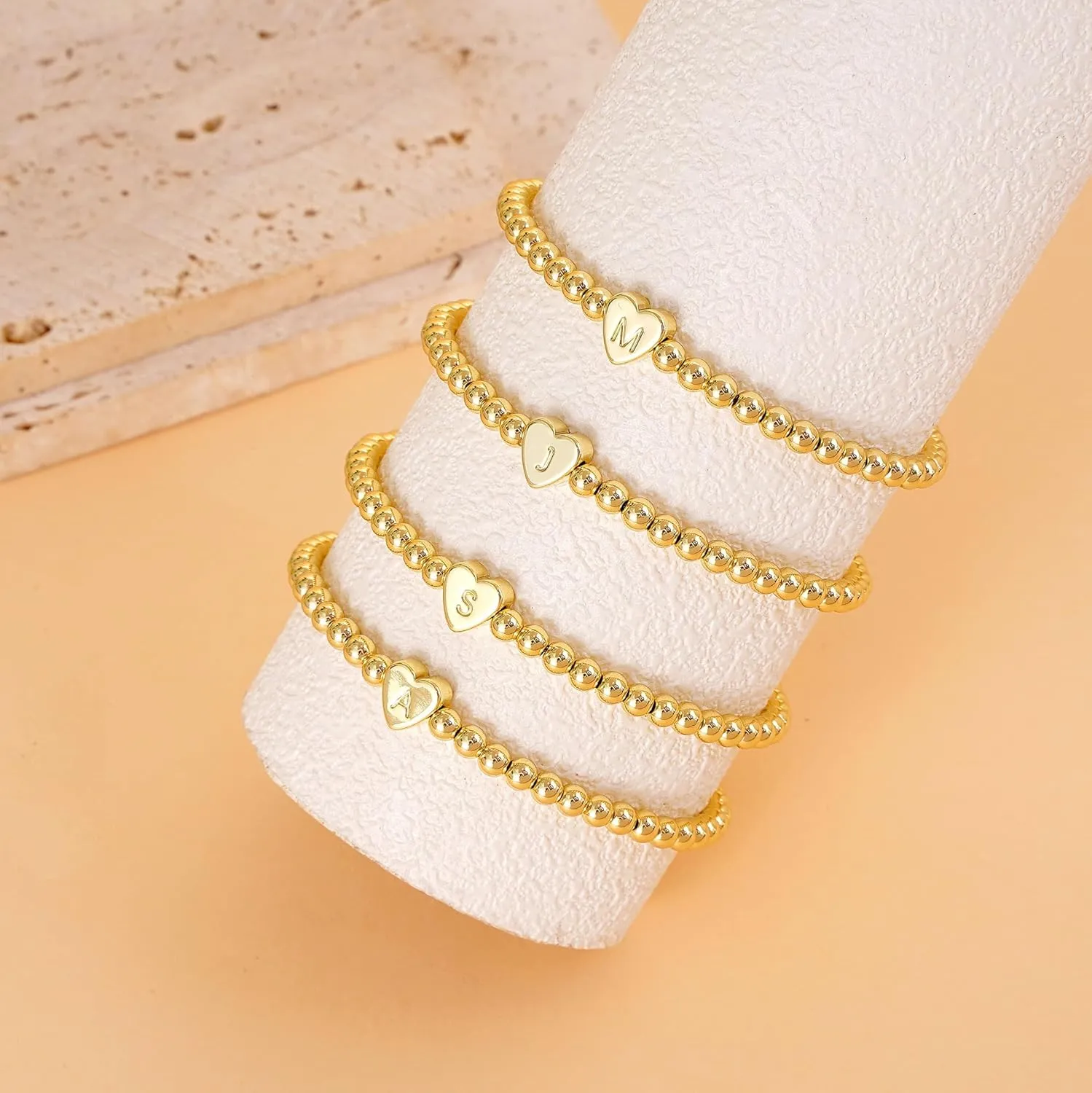 Beaded Bracelets for Women Dainty Heart Initial Bracelet Letter A-Z Charm Bracelet for Women Stretch Bead Ball Bracelet Trendy Jewelry Gifts