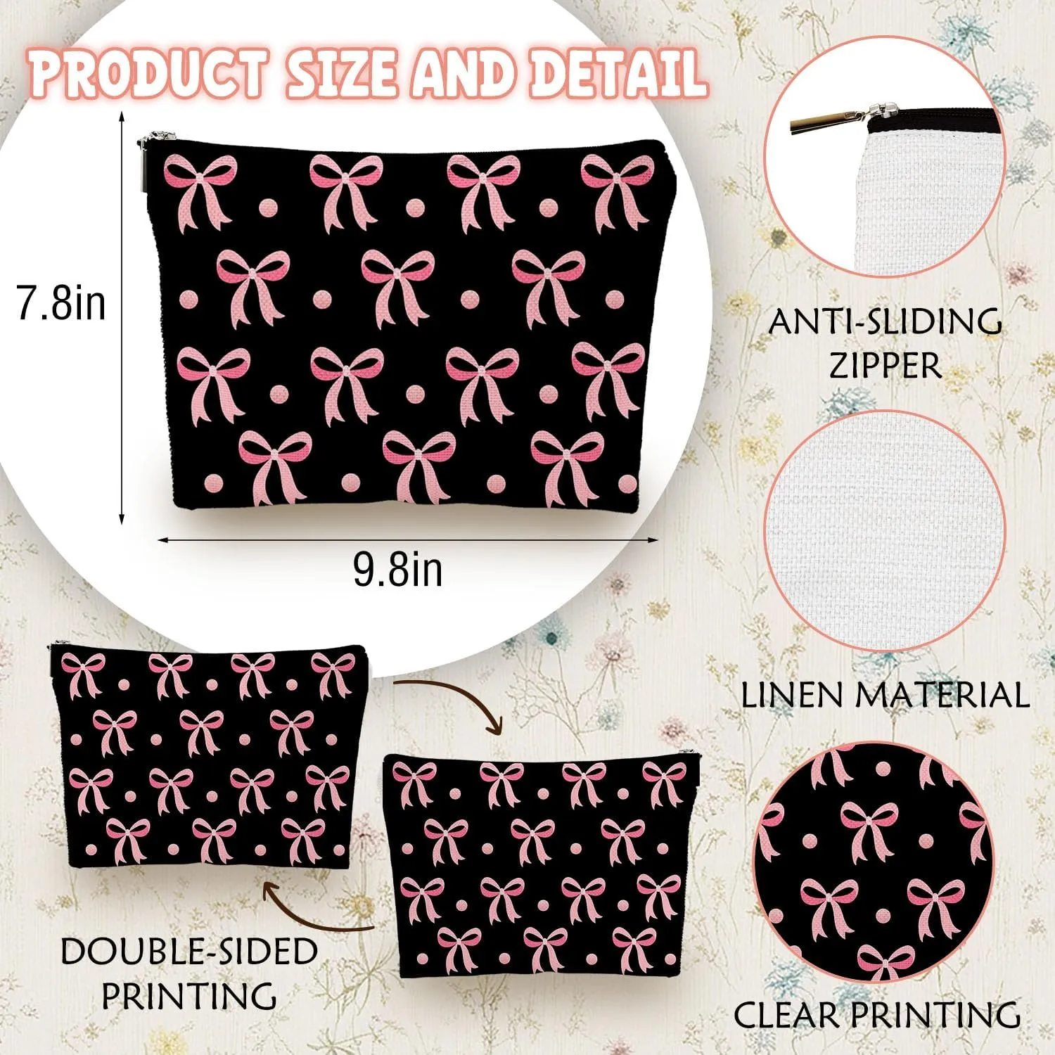 Black Pink Coquette Bow Makeup Bag, Funky Pouch Birthday Christmas Gift for Bestie Girls Daughter Bridesmaid Women, Preppy Gifts,Travel Makeup Bag for Women
