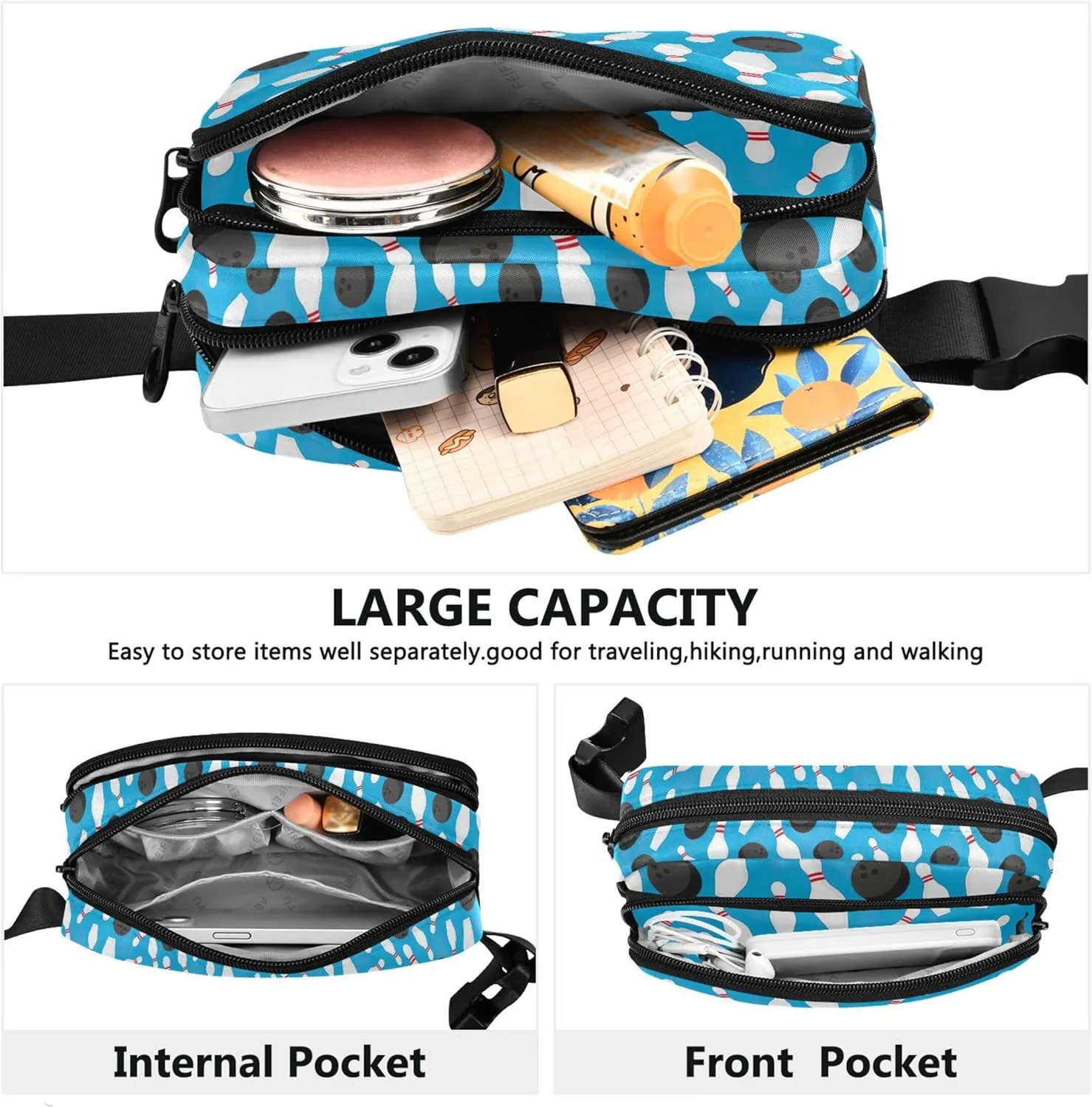 Bowling Sport Pattern Women Fanny Packs Waterproof Belt Bags Hip Pack Funky Cross Body Waist Purse