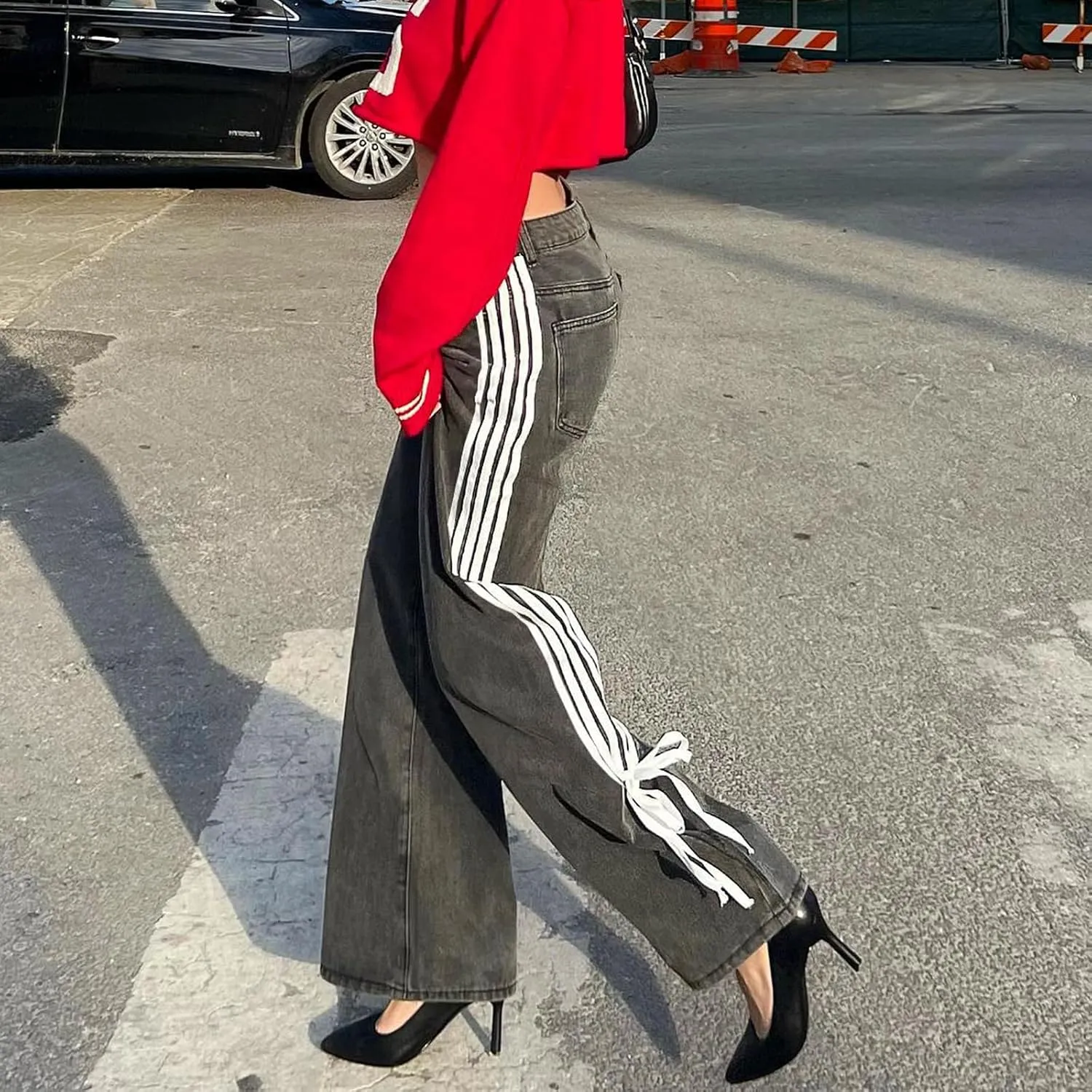 Boyfriend Jeans for Women Y2K Fashion Striped High Waist Wide Leg Denim Pants Casual Vintage Baggy Streetwear Jeans