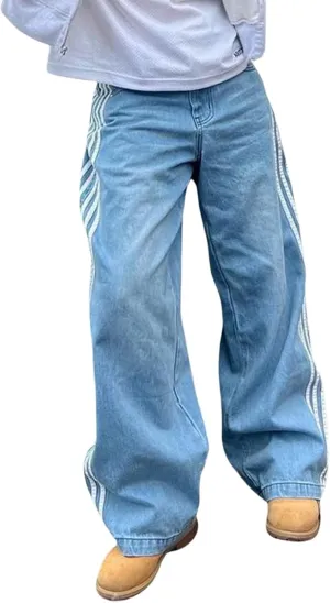 Boyfriend Jeans for Women Y2K Fashion Striped High Waist Wide Leg Denim Pants Casual Vintage Baggy Streetwear Jeans