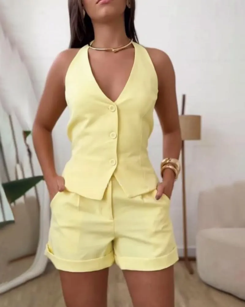 CHICME Women's Summer 2 Piece Sets Casual Business Halter Sleeveless Button Down Vest Shorts Matching Sets