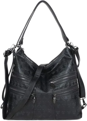 Chikencall Over-size Skull Print Bucket Bag or Women 3 Ways Multifunction Backpack Shoulder Bag Vegan Leather Punk Rock Large Crossbody Bag Black-Skull-print