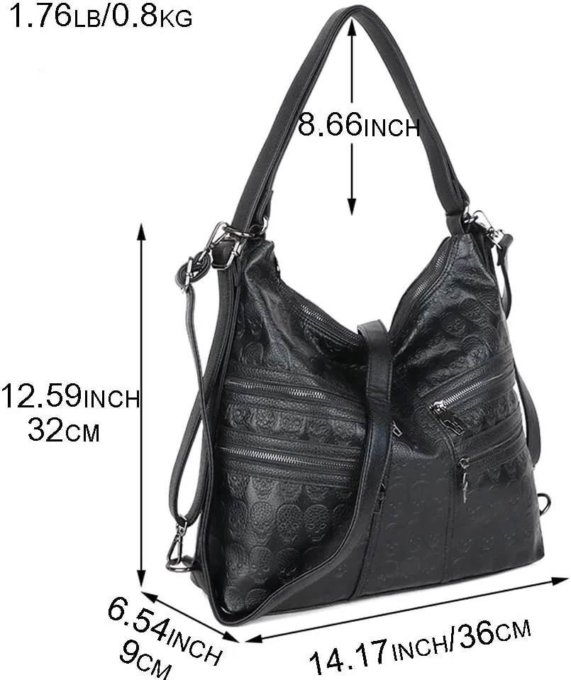 Chikencall Over-size Skull Print Bucket Bag or Women 3 Ways Multifunction Backpack Shoulder Bag Vegan Leather Punk Rock Large Crossbody Bag Black-Skull-print