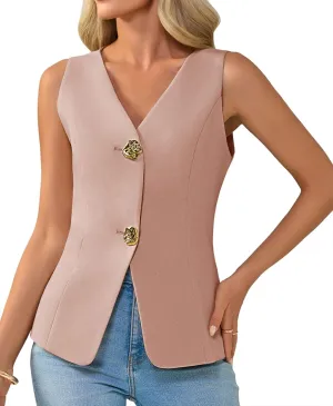 Cicy Bell Womens Summer V Neck Vest Tops Button up Sleeveless Casual Waistcoat Business Fitted Blazer vest