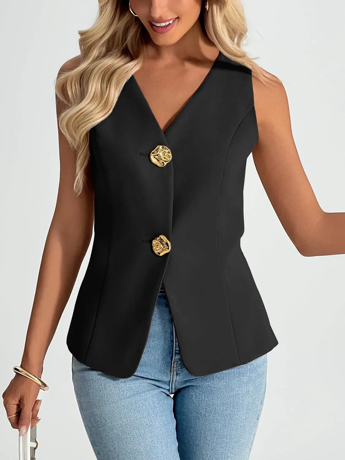 Cicy Bell Womens Summer V Neck Vest Tops Button up Sleeveless Casual Waistcoat Business Fitted Blazer vest