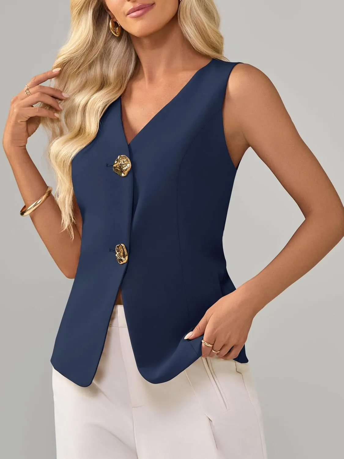 Cicy Bell Womens Summer V Neck Vest Tops Button up Sleeveless Casual Waistcoat Business Fitted Blazer vest