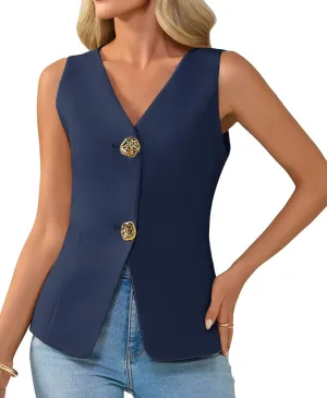 Cicy Bell Womens Summer V Neck Vest Tops Button up Sleeveless Casual Waistcoat Business Fitted Blazer vest