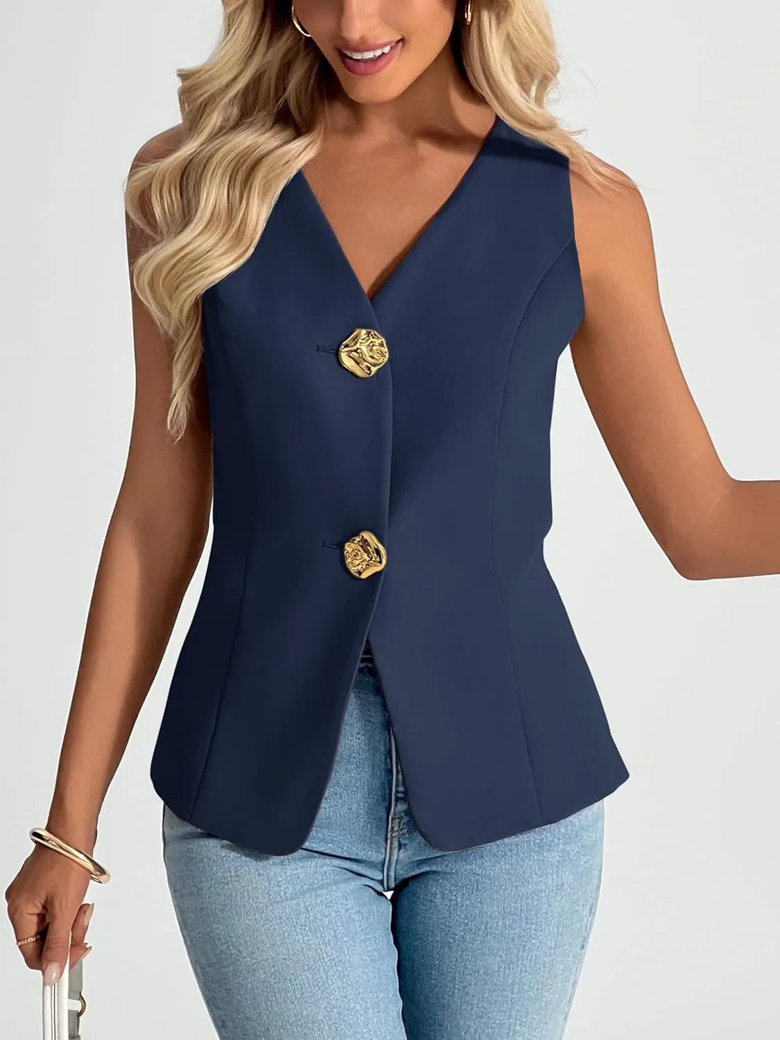Cicy Bell Womens Summer V Neck Vest Tops Button up Sleeveless Casual Waistcoat Business Fitted Blazer vest