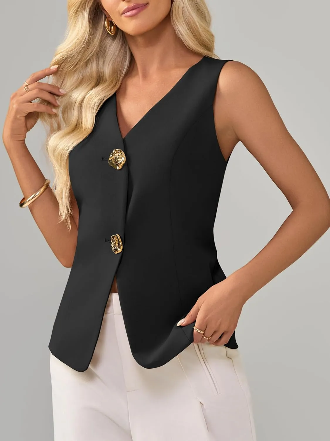 Cicy Bell Womens Summer V Neck Vest Tops Button up Sleeveless Casual Waistcoat Business Fitted Blazer vest