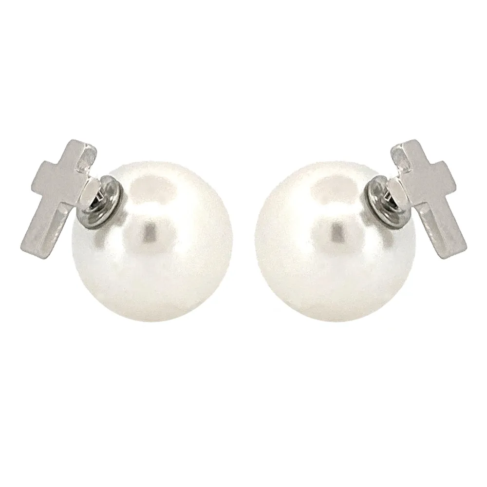 Classic Cross Charm Pearl Double-Sided Design Fashion Stud Earrings