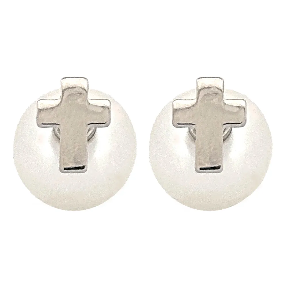 Classic Cross Charm Pearl Double-Sided Design Fashion Stud Earrings