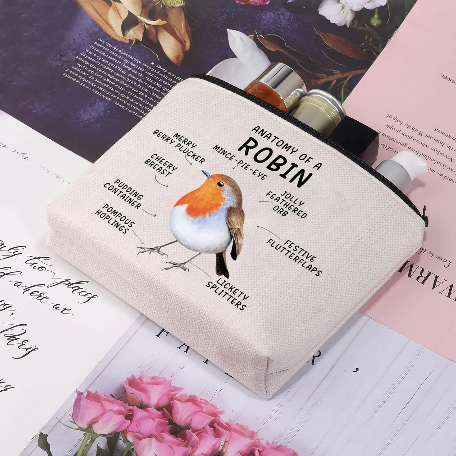 CMNIM Robin Bird Gifts Anatomy of a Robin Makeup Bag Garden Bird Lover Gift Red Robin Cosmetic Bag Birds Travel Toiletry Bags (Anatomy of a Robin MB)