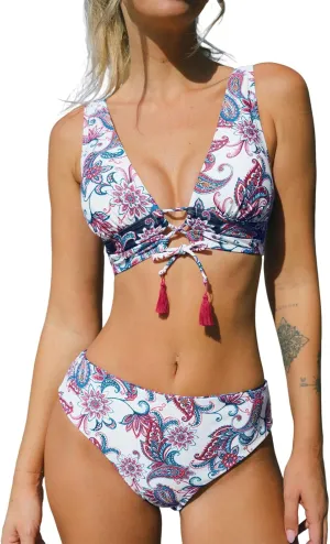 CUPSHE Women Bikini Sets Two Piece Swimsuits Deep V Neck Self Tie Paisley Reversible Mid Waisted Bikini Bottom