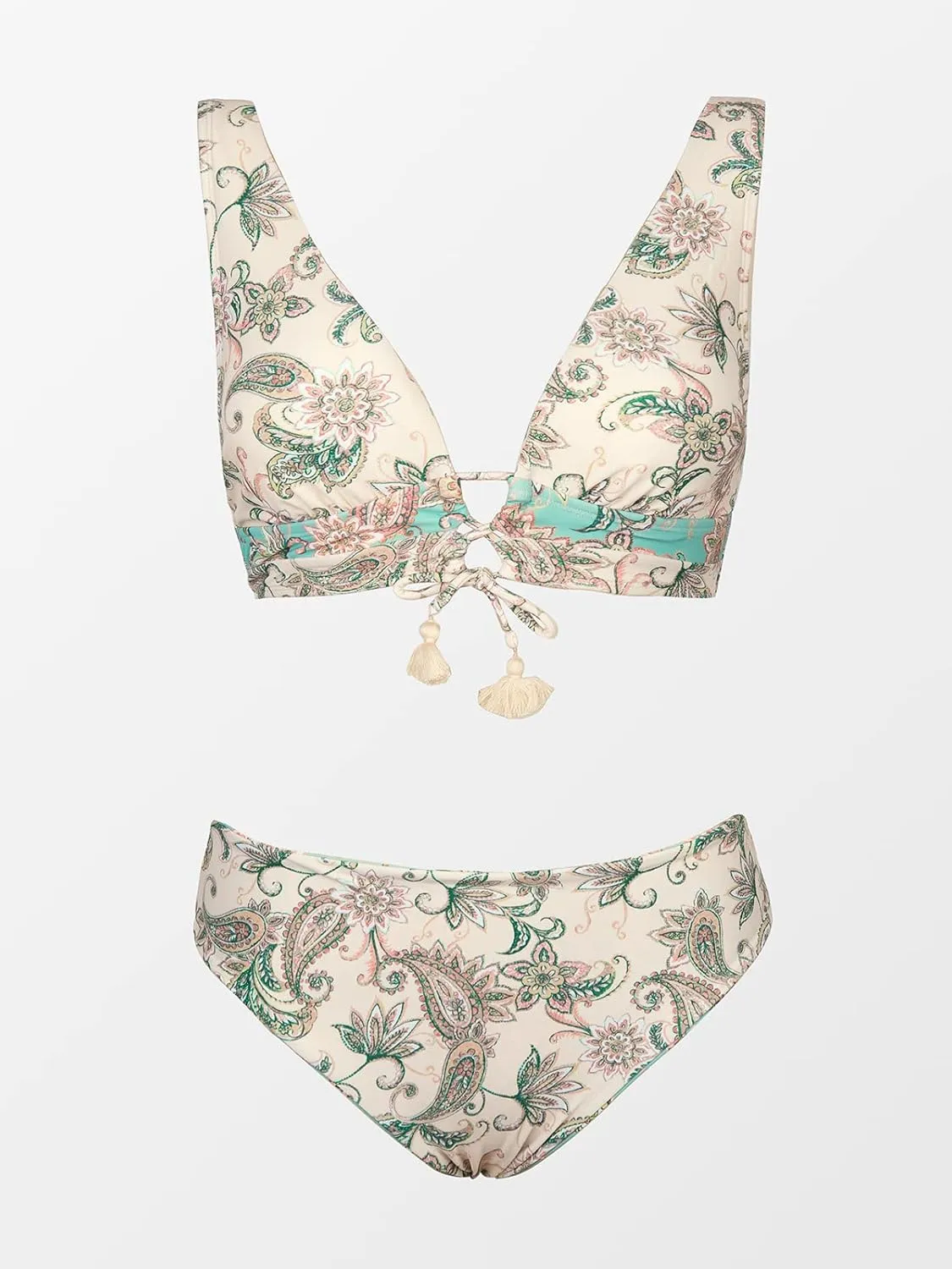 CUPSHE Women Bikini Sets Two Piece Swimsuits Deep V Neck Self Tie Paisley Reversible Mid Waisted Bikini Bottom