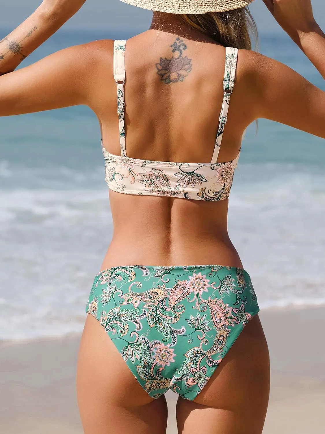 CUPSHE Women Bikini Sets Two Piece Swimsuits Deep V Neck Self Tie Paisley Reversible Mid Waisted Bikini Bottom