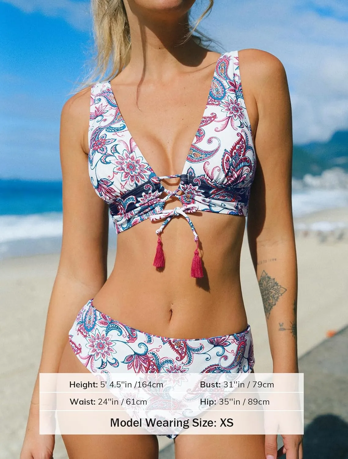 CUPSHE Women Bikini Sets Two Piece Swimsuits Deep V Neck Self Tie Paisley Reversible Mid Waisted Bikini Bottom